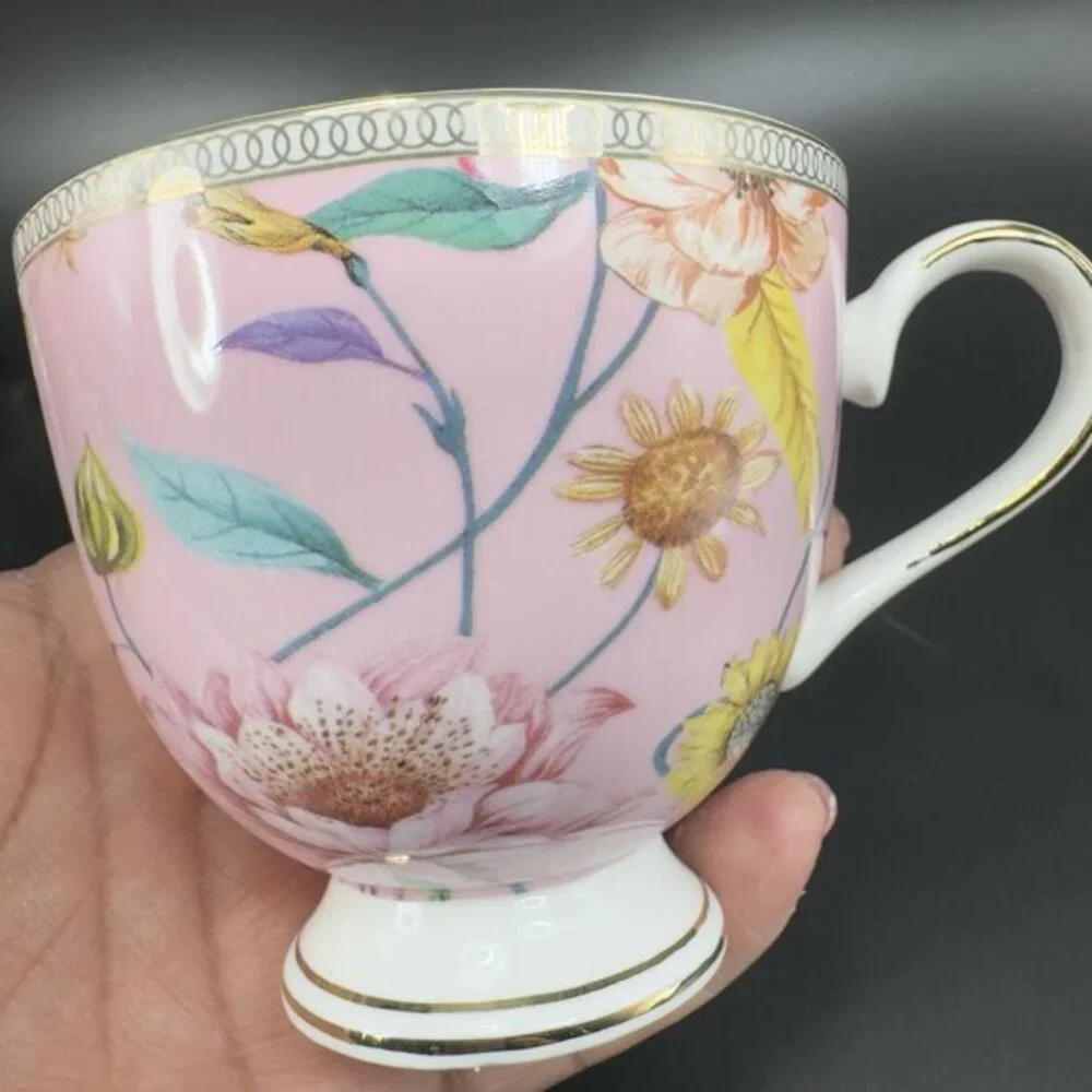 Shabby Chic‎ Fine Porcelain Teacup And Saucer Set Tea Cup Plate Pink Floral Bird